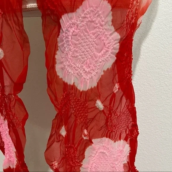 Vintage Rare One of a Kind Sheer Tie Dye Smocked Scarf Wrap Shawl Red Yellow
